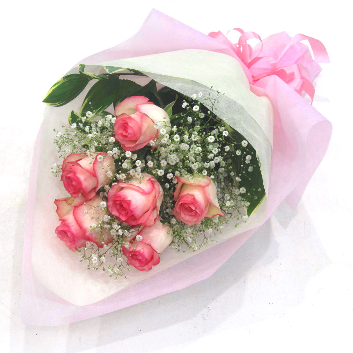 お誕生日・記念日のプレゼントに】ピンクバラ６本とかすみ草の花束