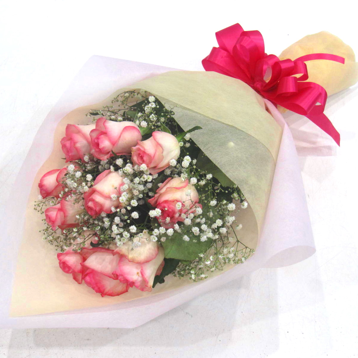 お誕生日 記念日のギフトに ピンクバラ10本とかすみ草の花束 商品詳細