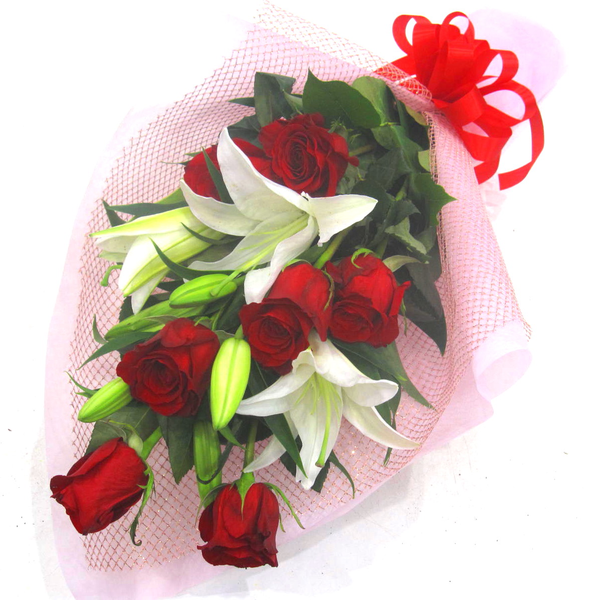 清楚で上品なプレゼント ユリとバラの花束 商品詳細