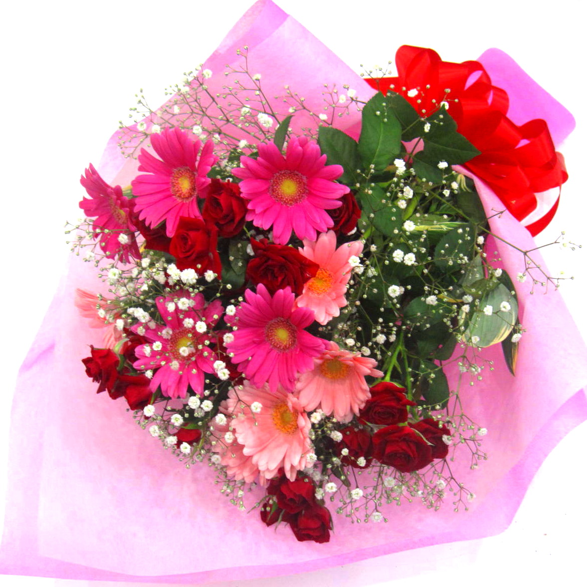 赤いミニバラとピンクガーベラ主体のかすみ草を入れた花束 商品詳細