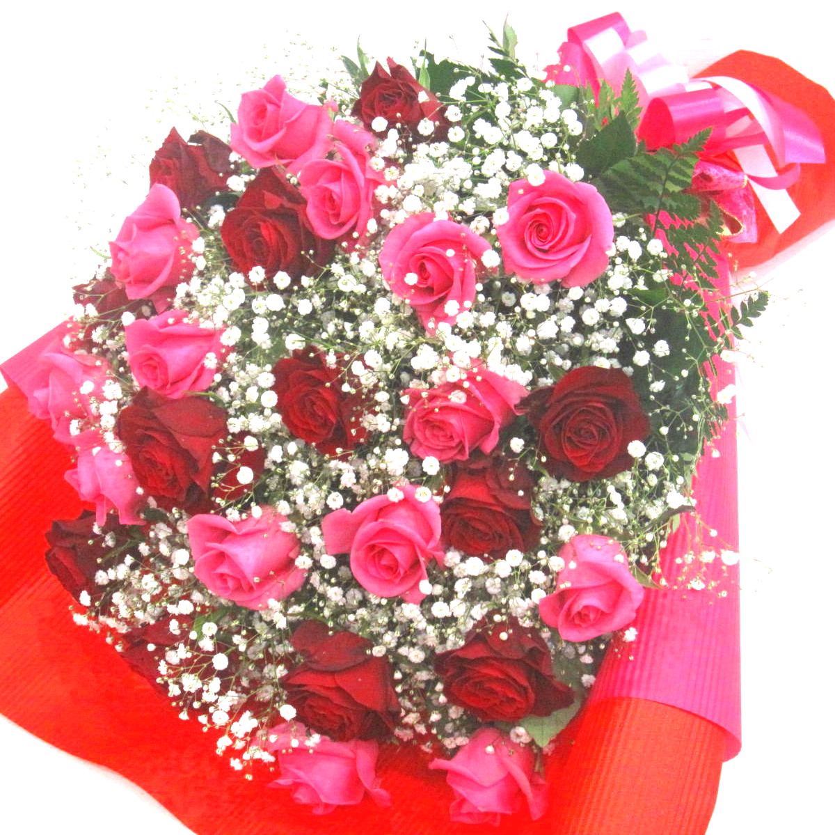 厳選 赤いバラとピンクバラとかすみ草の華やか花束 商品詳細