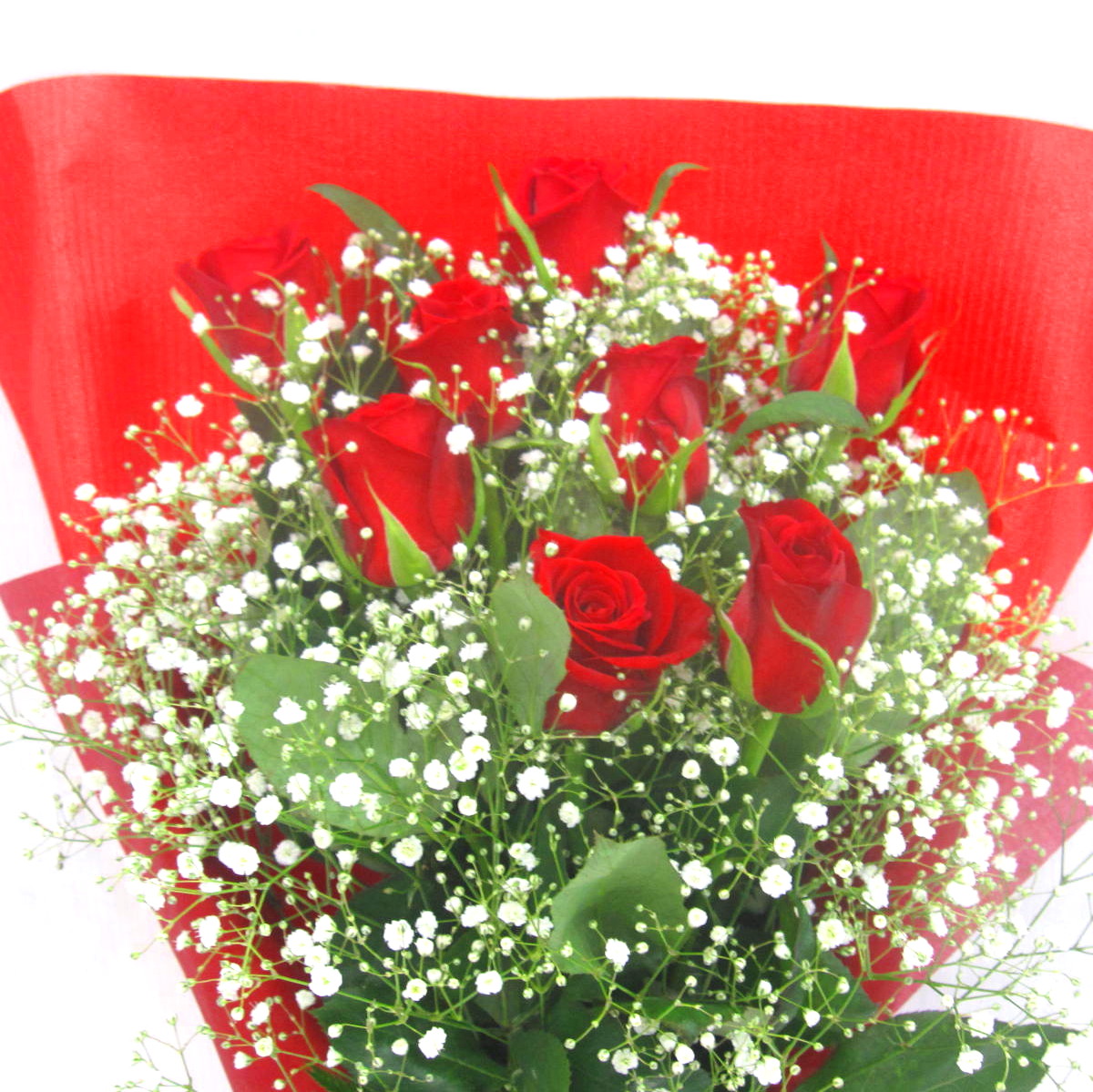 【女性にあげるプレゼントに】赤いバラとかすみ草の花束｜商品詳細